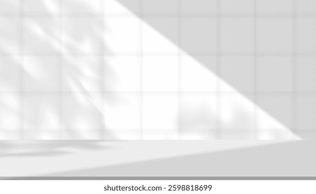 Background Podium With Grey Cream Wall, Abstract Vector Texture In 3D Style, Summer Banner And Kitchen Illustration With Spring Light, White Space, Autumn Interior Room Template, Digital Color Mockup.