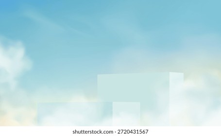Podio de fondo en el cielo azul, plataforma azul del podio 3d en la nube blanca para la exhibición del producto cosmético, Anuncio de la salida del sol del verano con la etapa abstracta del soporte de la maqueta, cielo de la primavera de la Naturaleza del Vector para el Anuncio de Pascua