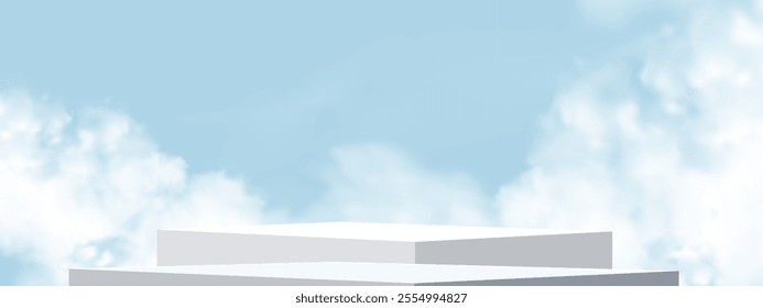 Background Podium With Sky For Product Platform And Summer 3D Display. Blue White Stand Mockup For Cosmetics, Landscape, Spring And Autumn Advertising, Beauty Presentation And Banner Design.