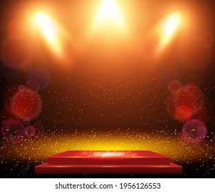 Background with podium and yellow shine spotlights. Design for presentation, concert, show. Vector illustration