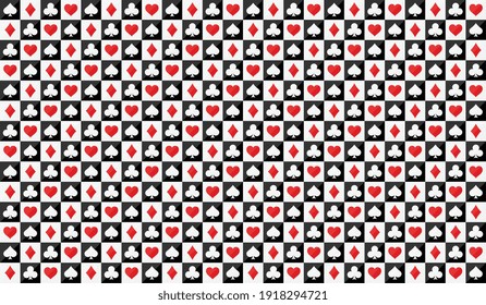 Background for poker and casino. Seamless Pattern from the suits of a deck of cards. Poker symbols on square blocks. Vector illustration.