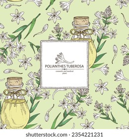 Background with polianthes tuberosa: plant, leaves polianthes tuberosa flowers and bottle of tuberosa essential oil. Cosmetic, perfumery and medical plant