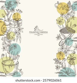 Background with  polianthes tuberosa: tuberose  plant, leaves and polianthes tuberosa flowers. Oil, soap and bath salt . Cosmetics and medical plant. Vector hand drawn illustration