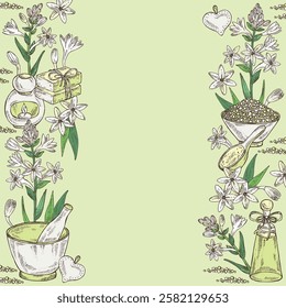 Background with  polianthes tuberosa: tuberose  plant, leaves and polianthes tuberosa flowers. Oil, soap and bath salt . Cosmetics and medical plant. Vector hand drawn illustration