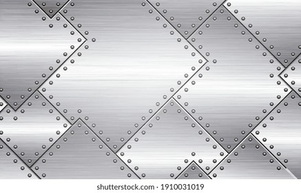 Background of polished metal plates with rivets. Metal plate with ornament. Metal background, silver polished metallic texture. Glossy metal plate background with screw and rivets. Vector illustration