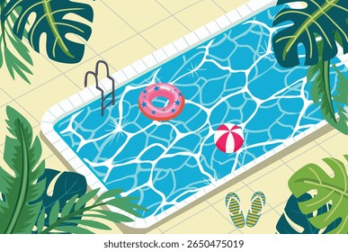  background of pool with tranquil turquoise ripples top view ball, swimming ring floating on water and tropical leaves. Summer vacation backdrop with swimming pool