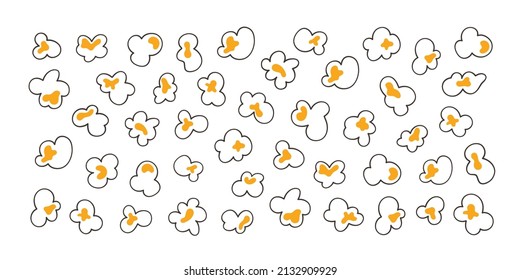 Background with popcorn. Hand drawn pop corn with caramel for cinema. Vector illustration in doodle style on white background.