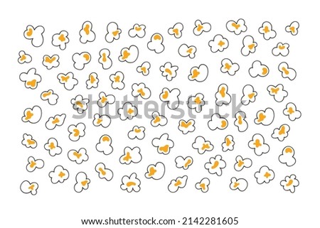 Background with popcorn. Hand drawn pop corn with caramel for cinema. Vector illustration in doodle style on white background.