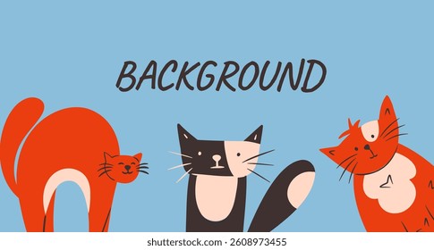 Background with portraits of cats. Poster with funny pets. Card with animals. Vector illustration in hand draw style.	