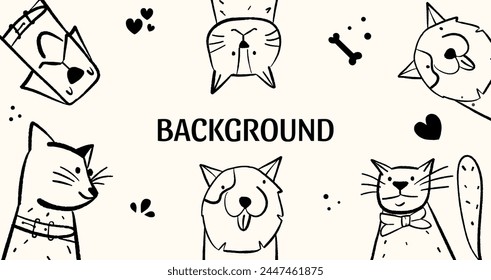 Background with portraits of dogs and cats. Poster with funny pets. Card with animals. Vector illustration in doodle style. 