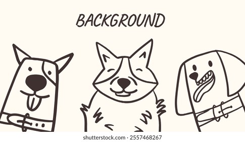 Background with portraits of dogs. Poster with funny pets. Card with animals. Vector illustration in doodle style.	