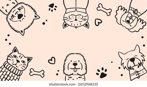 Background with portraits of funny dogs and cats. Poster with cute pets. Card with animals. Vector hand drawn illustration. 