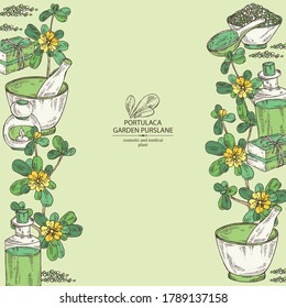 Background with portulaca, garden purslane, soap and bath salt . Cosmetic and medical plant. Vector hand drawn illustration. 