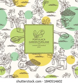 Background with portulaca, garden purslane, soap and bath salt . Cosmetic and medical plant. Vector hand drawn illustration. 