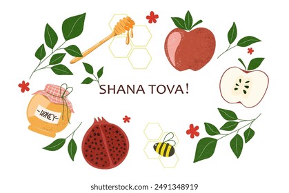 Background with a postcard for the Jewish holiday of Rosh Hashanah with elements of pomegranate, apple, bee, honey, leaves. Vector drawing in cartoon style for decor, cover, banner, congratulations