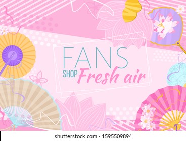 Background for postcards, banner store fans. Handmade workshop. Oriental traditional attributes. Isolated vector.