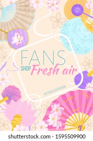 Background for postcards, banner store fans. Handmade workshop. Oriental traditional attributes. Isolated vector.