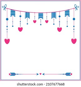 Background for postcards and posters Valentine's Day garland with hearts arrows flags
