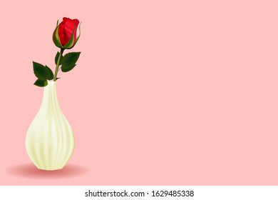 Background for postcards. Women's Day. Red rose in a vase. White ceramics. Valentine's Day. Promotional banner or poster for discounts and promotions. Place for text.