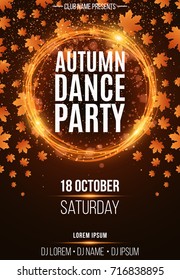 Background, poster for autumn dance party. Shining orange banner with golden rain. Abstract orange lights. Seasonal poster. DJ and club name. Vector illustration
