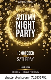 Background, poster for autumn night party. Shining golden banner with golden dust. Abstract yellow lights. Seasonal poster. DJ and club name. Vector illustration