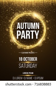 Background, poster for autumn party. Shining golden banner with golden dust. Abstract yellow lights. Seasonal poster. DJ and club name. Vector illustration