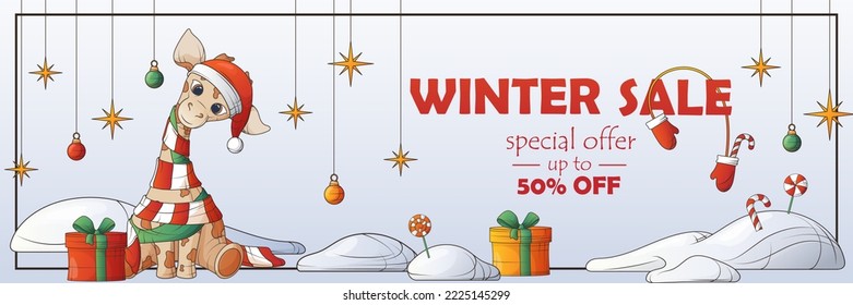 Background for poster, banner template, card, flyer, discount, flyer. Winter vector promo sale banner with illustration of giraffe, gift boxes, snowdrift, toy. 