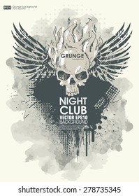 Background for poster in grunge style with skull in flame. Grunge print for t-shirt.  Abstract texture background. 