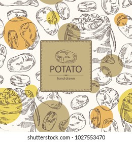 Background with potatoes and bag with potatoes. Vector hand drawn illustration.