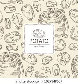 Background with potatoes and bag with potatoes. Vector hand drawn illustration.