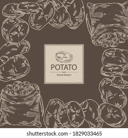 Background with potatoes and bag with potatoes. Vector hand drawn illustration.