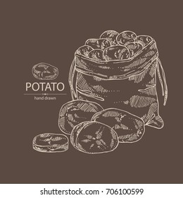Background with potatoes and bag with potatoes.  Vector hand drawn illustration.