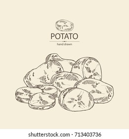 Background with potatoes and slice.  Vector hand drawn illustration.