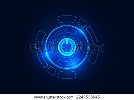 Background power button technology, the light emits from the button itself. There is a blue technology wheel surrounding it. the dark blue background adds more interest