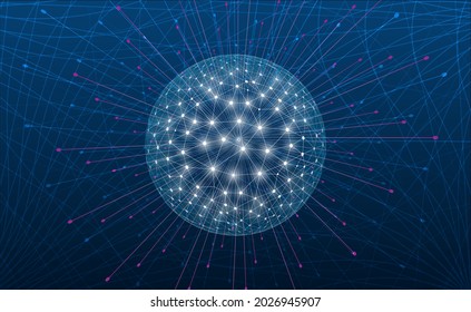 Background for the presentation. Digital technologies. Sphere and waves. Abstract vector illustration of a ball with digital connections and waves on a blue background.