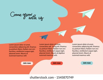 Background, presentation, landing page template with places for job or training courses descriptions. Paper planes, hand lettering