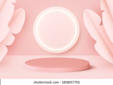 Background presentation mock up with Realistic 3d render podium. Round stage pedestal or platform display. Pink and rose color. Neon circular ring frame empty space for text and design elements