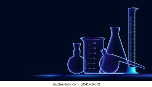 Background for a presentation on chemistry. Chemical laboratory. Vector illustration of transparent laboratory utensils on a blue background.