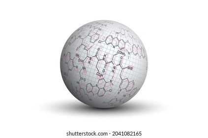 Background for a presentation on chemistry. Formulas for organic chemistry. A white three-dimensional sphere with a graphic image of the paper texture and formulas for organic chemistry.