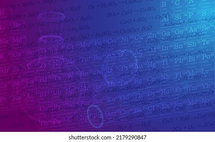 Background for a presentation on chemistry. Vector illustration of a table of chemical elements, formulas and chemical glassware. Sketch for creativity.