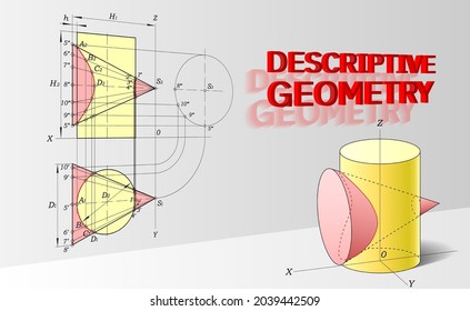 Background for a presentation on descriptive geometry. Drawings of parts in geometry. Abstract illustration of intersecting cylinder and cone in isometry and drawings.