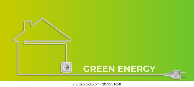 Background for a presentation on ecology. Green energy. Vector illustration of a wire in the shape of a house with a socket and a plug at the ends.