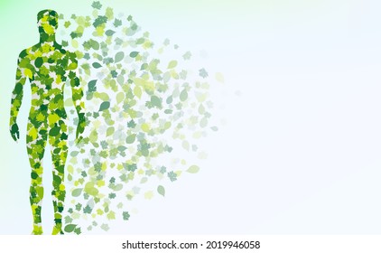 Background for a presentation on ecology. Leaf fall in the wind. Abstract vector illustration of nature and man. The outline of a man made of leaves on a light background.