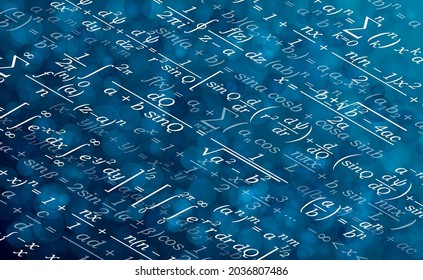 Background for a presentation on mathematics. Formulas in mathematics. Abstract vector illustration of a set of mathematical formulas arranged in an isometry on blue.