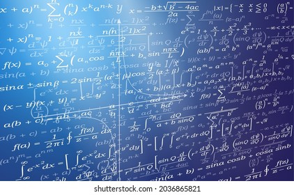 Background for a presentation on mathematics. Formulas and graphs in mathematics. Abstract vector illustration of a set of mathematical formulas and graphics arranged in perspective on blue.