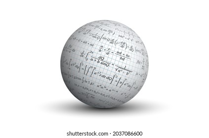 Background for a presentation on mathematics. Formulas for mathematics on an isolated ball. A white three-dimensional sphere with graphic images of the paper texture and a set of formulas.