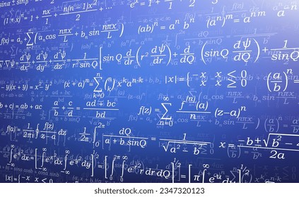 Background for a presentation on mathematics. Formulas in mathematics. Abstract vector illustration of a set of mathematical formulas arranged in an isometry on blue.