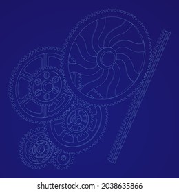 Background for a presentation on mechanics. Gears. Abstract vector illustration of a set of gears made in contours that are engaged.