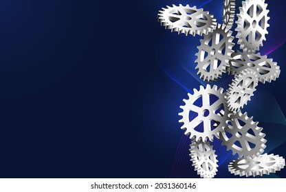 Background for a presentation on mechanics. Mechanical gears. Gears. Abstract vector illustration of a set of gears randomly falling on a blue background.
