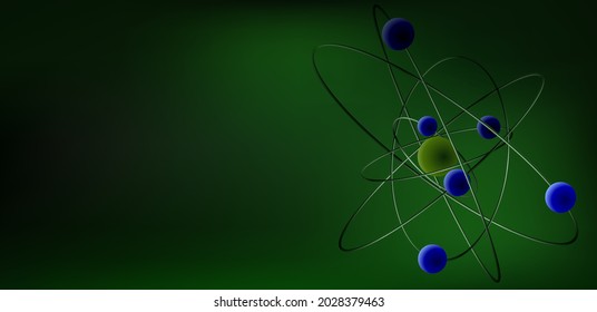 Background for a presentation on physics. The structure of the atom. Abstract vector illustration of the structure of an atom with a nucleus and rotating electrons on a green background.